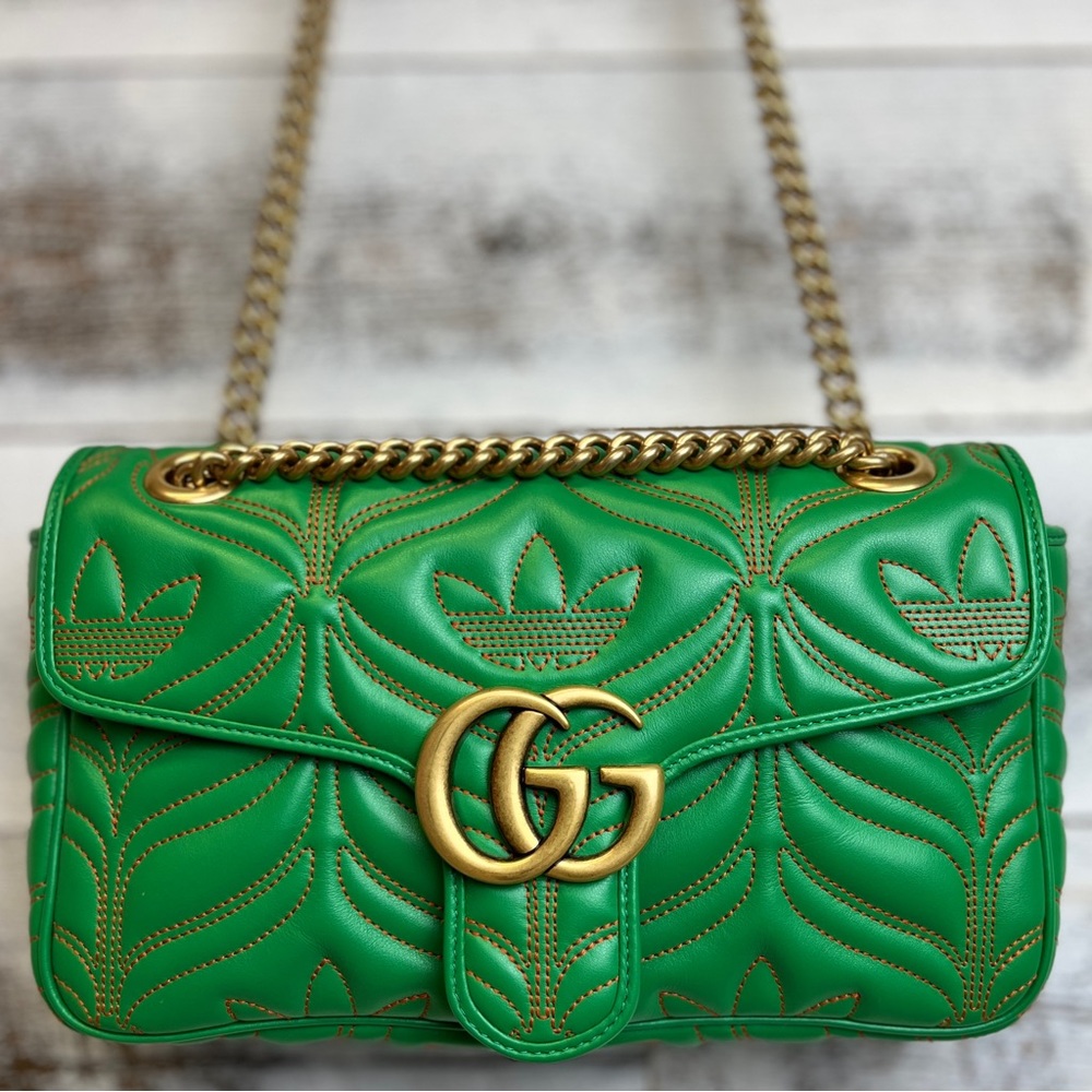 GUCCI x Adidas Green Marmont Purse Bag 443497 Leather Logo Gold Chain GG RARE - Picture 2 of 16
